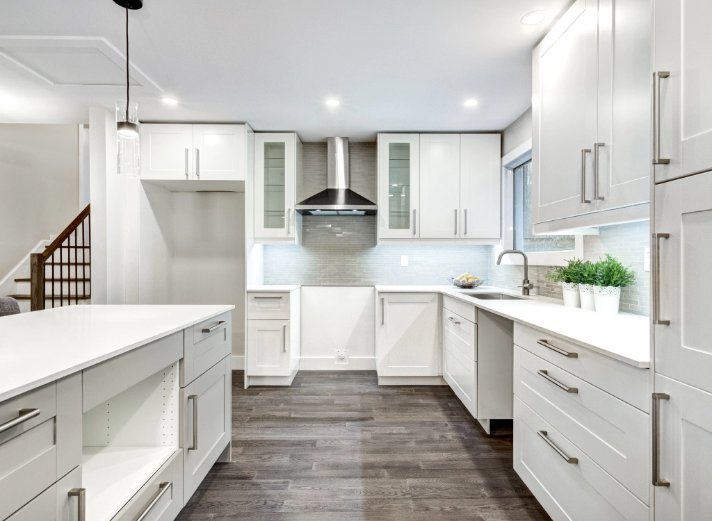 newly remodeled kitchen with white cabinets